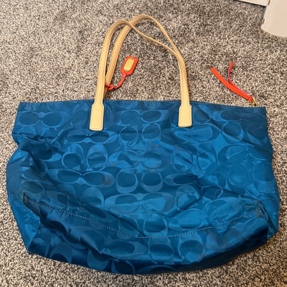Coach Legacy Signature Nylon Tote Blue Leather Trim Zip Top Shoulder Bag - Picture 2 of 9
